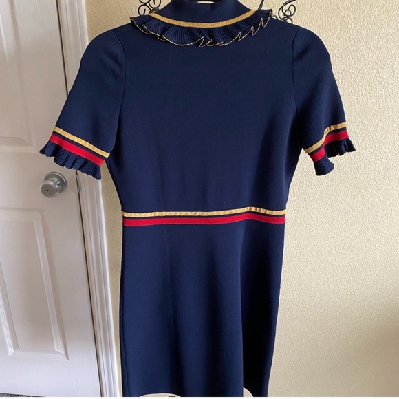 NEW! Gucci Faux Pearl Embellished Ruffled Wool Blend Mini Dress in Navy (size M) - Picture 8 of 16